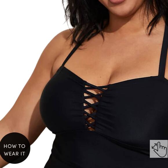 Torrid NWT Crisscross Lattice Peplum Long Swim Dress Black Size 1X Lace-up Bust - Picture 3 of 9